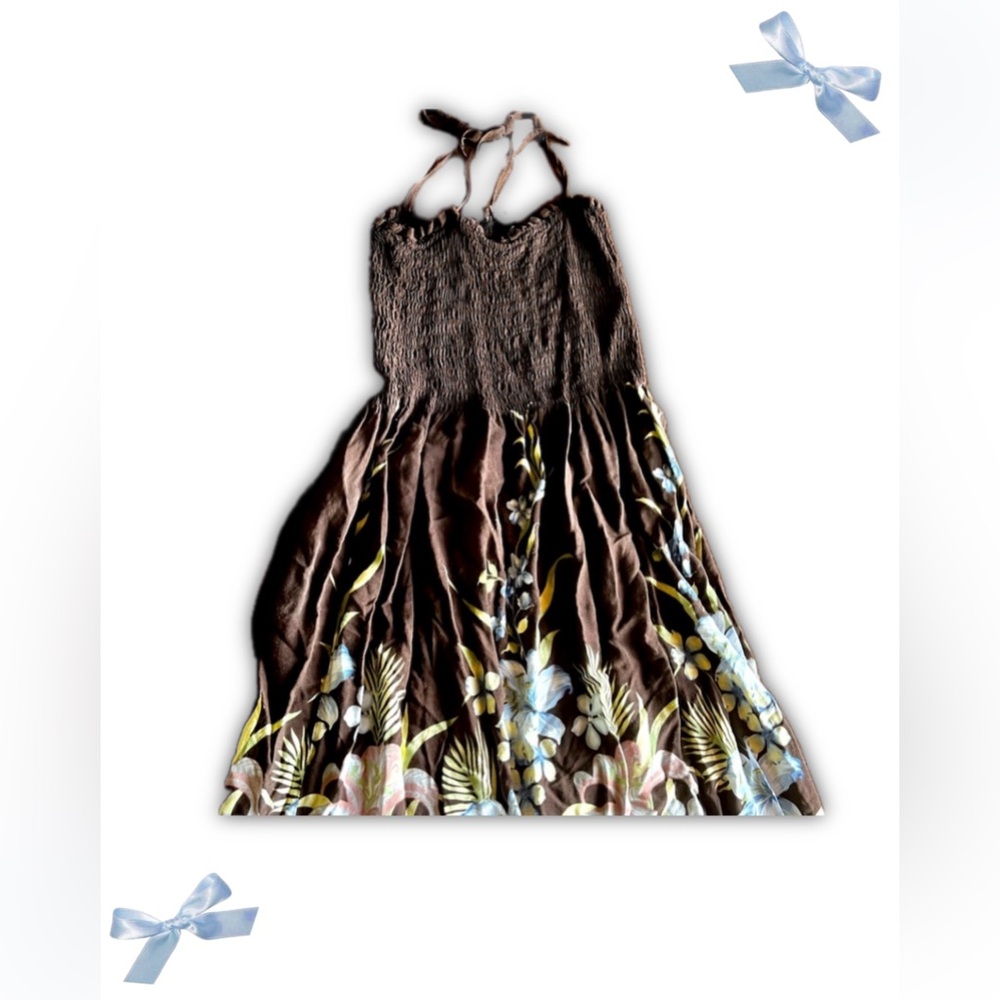 Hibiscus Collection Hawaii Blue and Brown Floral Maxi Dress S-M